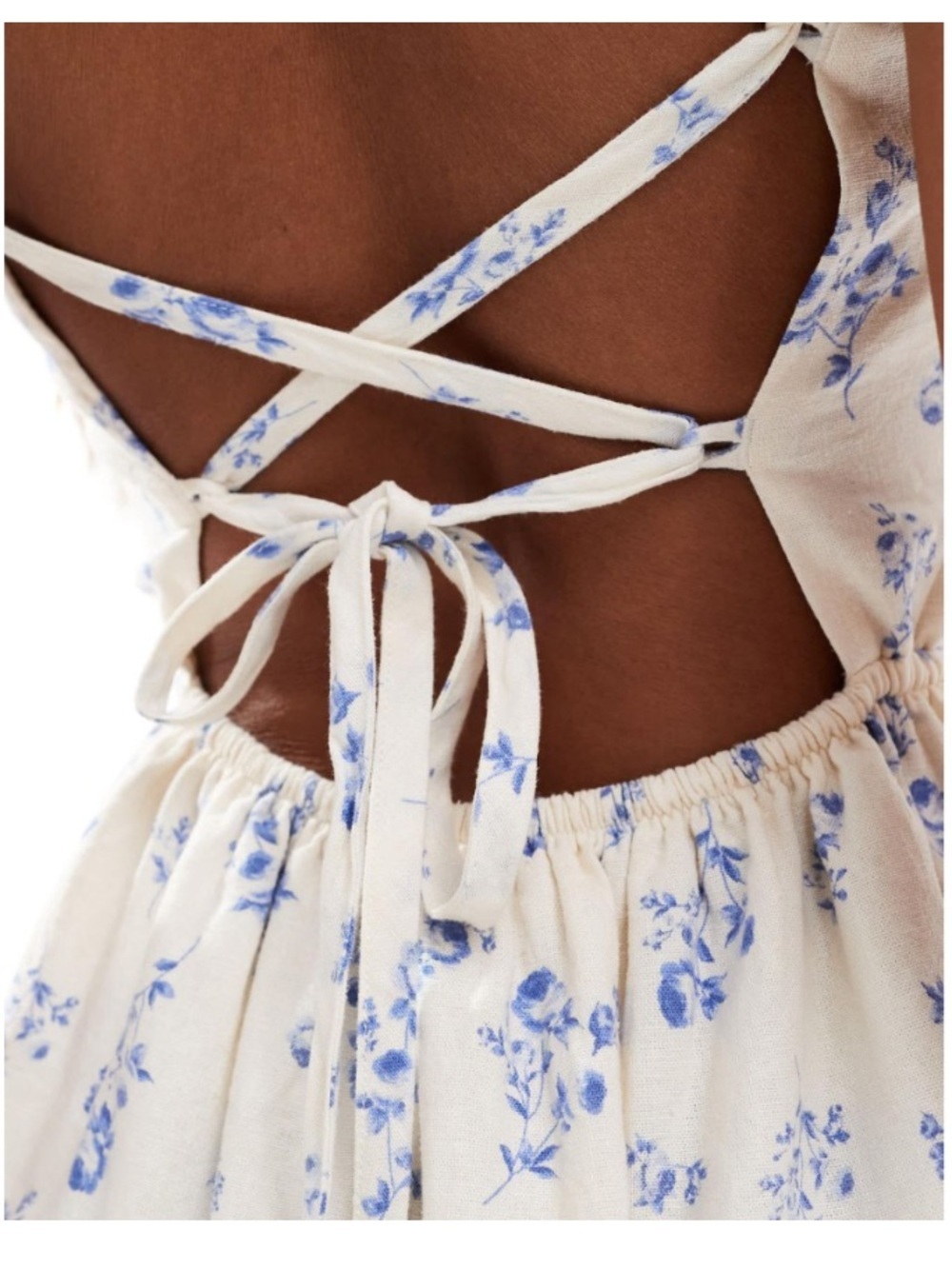 New Y2K Hollister White Linen Blue Floral Milkmaid Open Back Mini Dress Medium - Picture 6 of 15